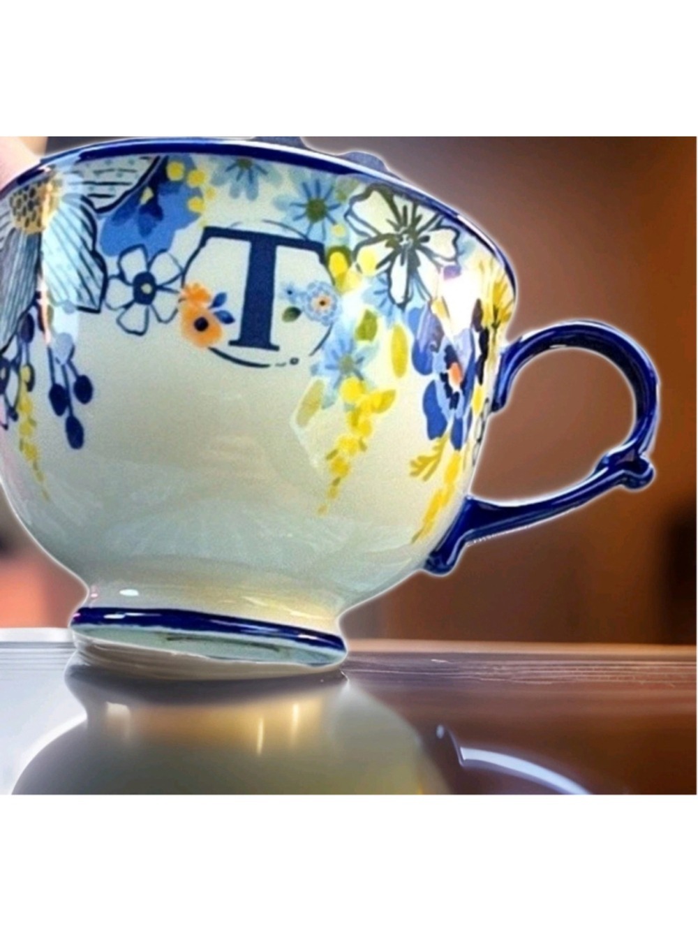 by Anthropologie Ceramic Tea Cup White Blue Floral Letter T Monogram